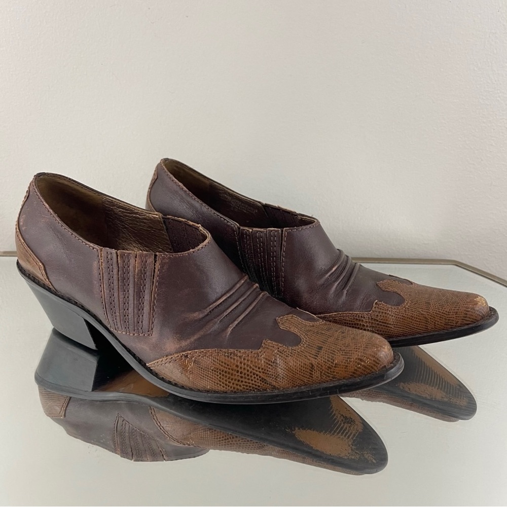 MATISSE Vintage Brown Leather Western Pointed Toe Slip On Heel Mule Ankle Boots - Picture 2 of 13